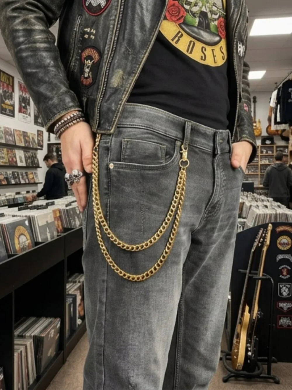 NEW Men Wallet Jeans Chain KeyChain Strong Gold Metal Links Biker 2 Strands